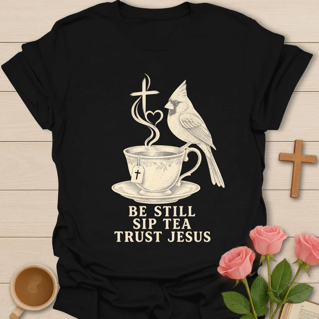 Sip Tea Trust Jesus bird shirt with cute bird, teacup, and faith-inspired lettering. - Black