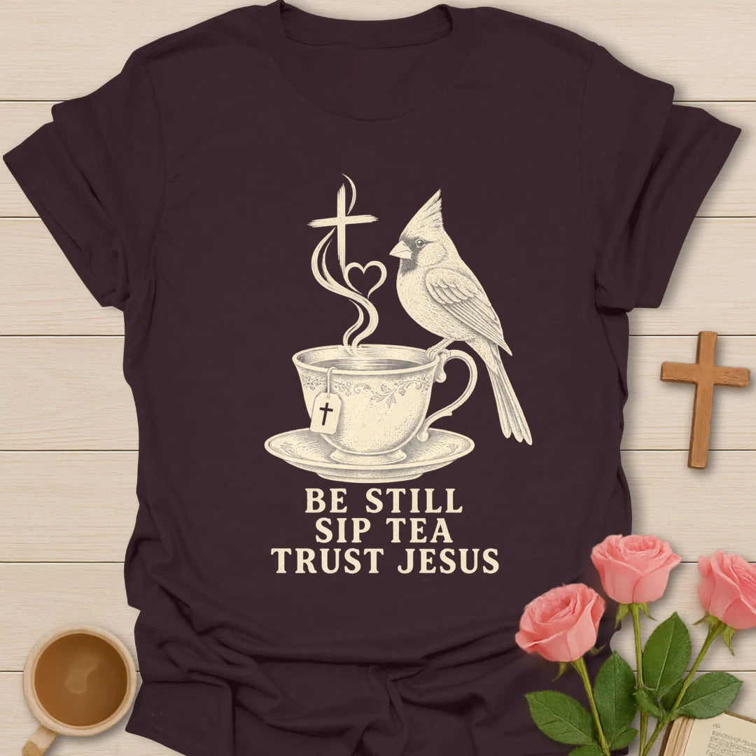 Sip Tea Trust Jesus bird shirt with cute bird, teacup, and faith-inspired lettering. - Dark Chocolate