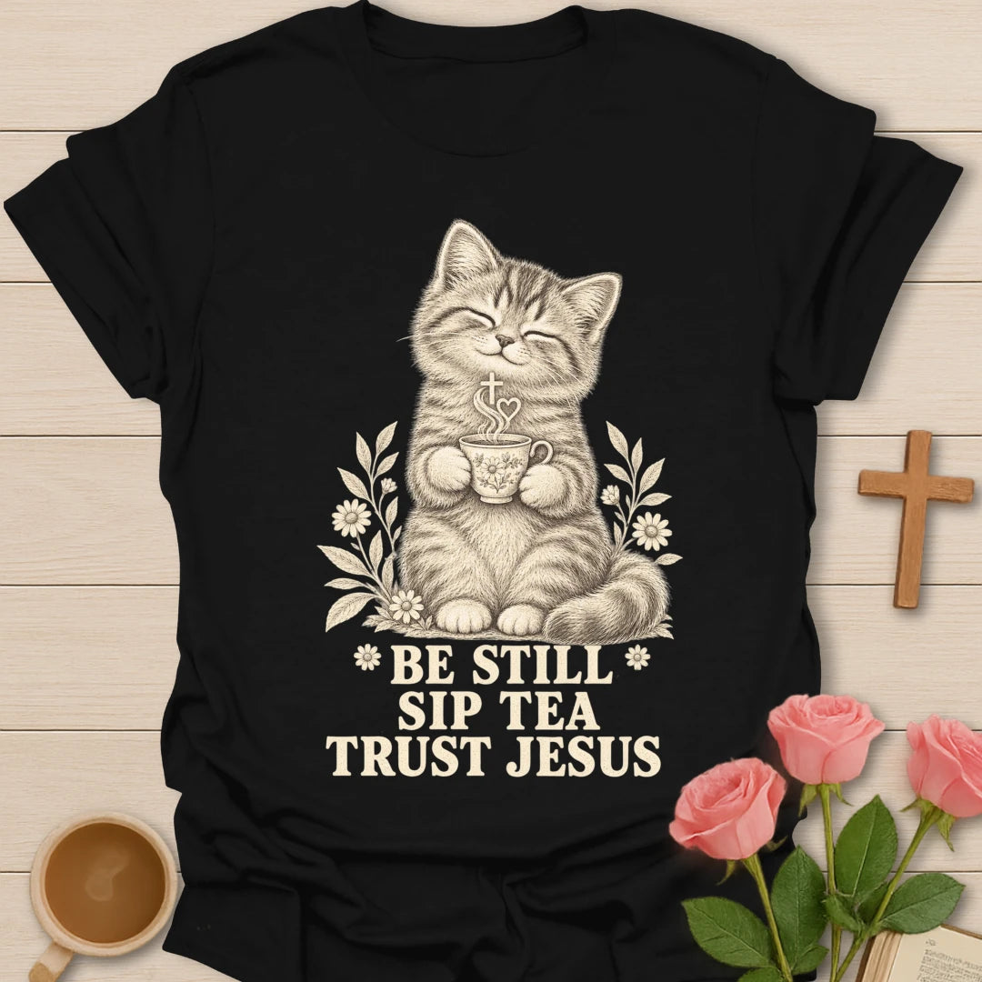 Sip Tea Trust Jesus kitten shirt with cute kitten, teacup, and faith-inspired lettering. - Black