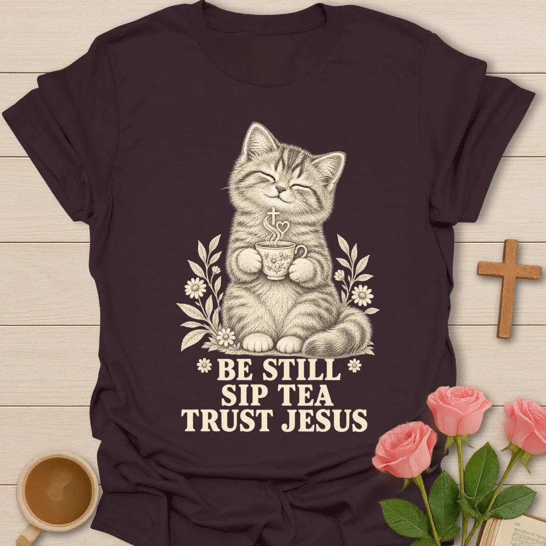Sip Tea Trust Jesus kitten shirt with cute kitten, teacup, and faith-inspired lettering. - Dark Chocolate