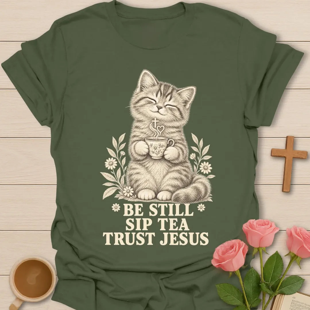 Sip Tea Trust Jesus kitten shirt with cute kitten, teacup, and faith-inspired lettering. - Military Green