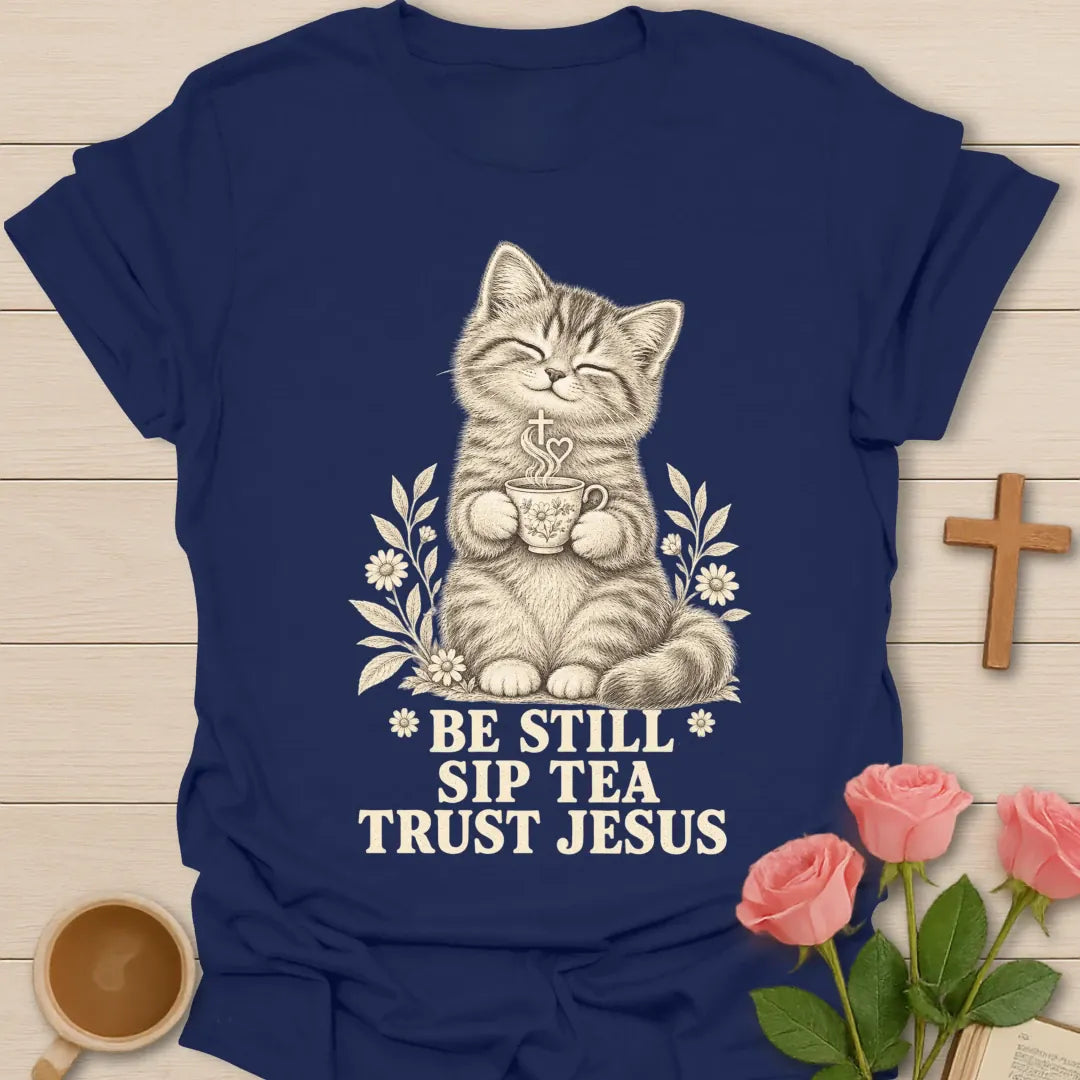 Sip Tea Trust Jesus kitten shirt with cute kitten, teacup, and faith-inspired lettering. - Navy