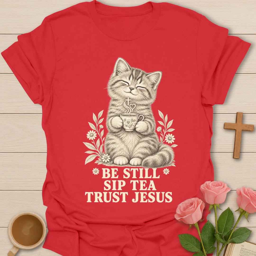 Sip Tea Trust Jesus kitten shirt with cute kitten, teacup, and faith-inspired lettering. - Red