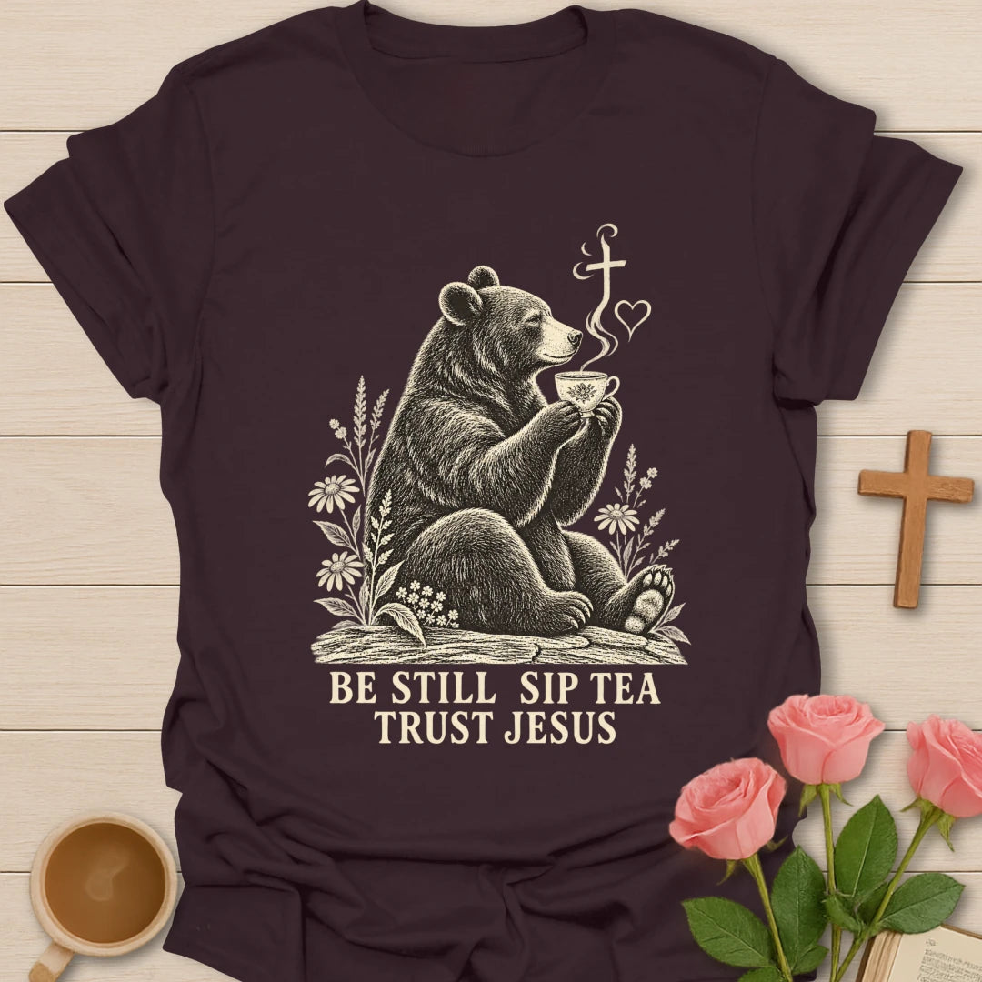 Sip Trust Jesus bear shirt with cute bear, teacup, and faith-inspired lettering. - Dark Chocolate