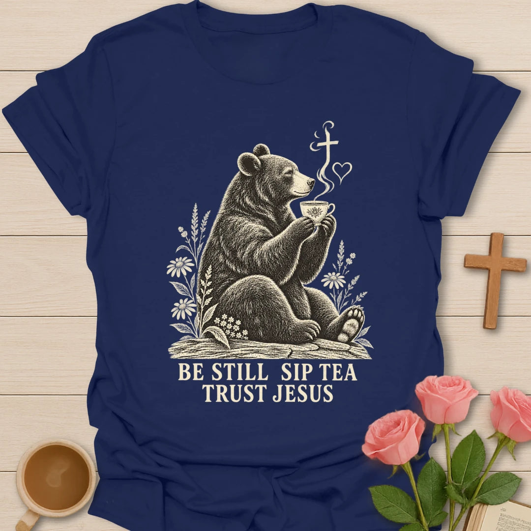 Sip Trust Jesus bear shirt with cute bear, teacup, and faith-inspired lettering. - Navy