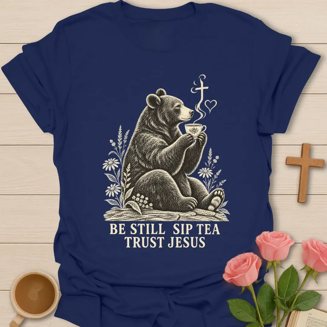 Sip Trust Jesus bear shirt with cute bear, teacup, and faith-inspired lettering. - Navy