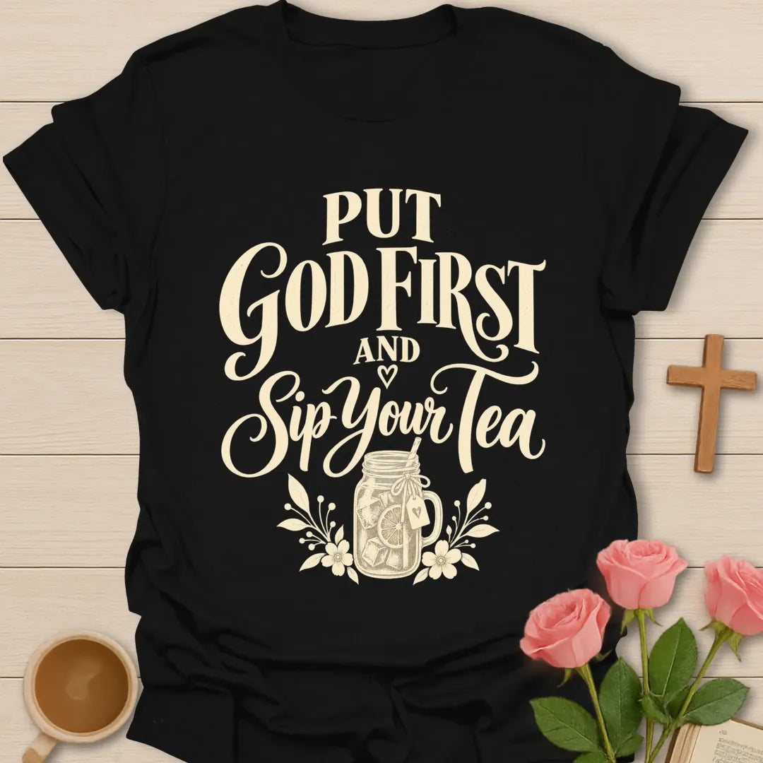 Sip Your Tea T-Shirt with tea cup artwork and faith-inspired lettering. - Black
