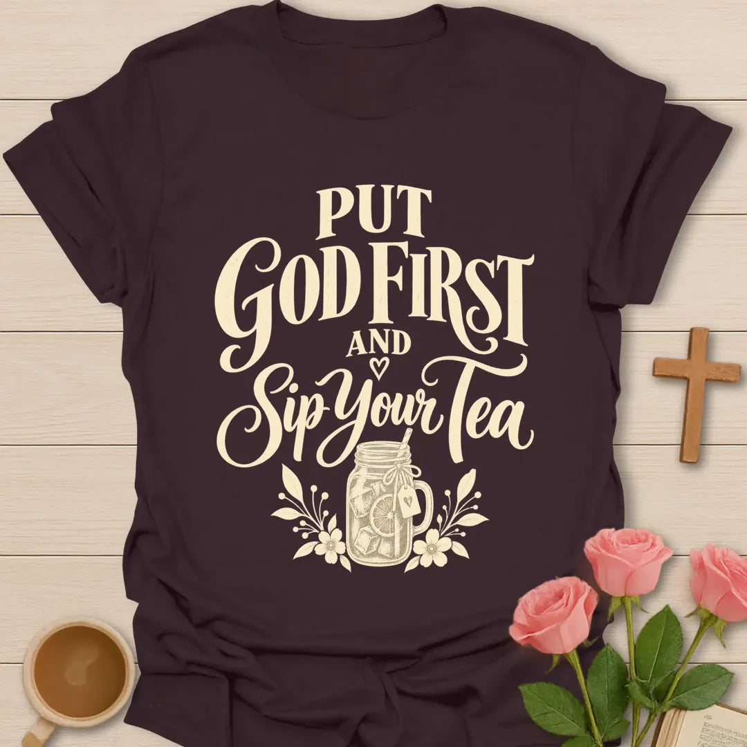 Sip Your Tea T-Shirt with tea cup artwork and faith-inspired lettering. - Dark Chocolate