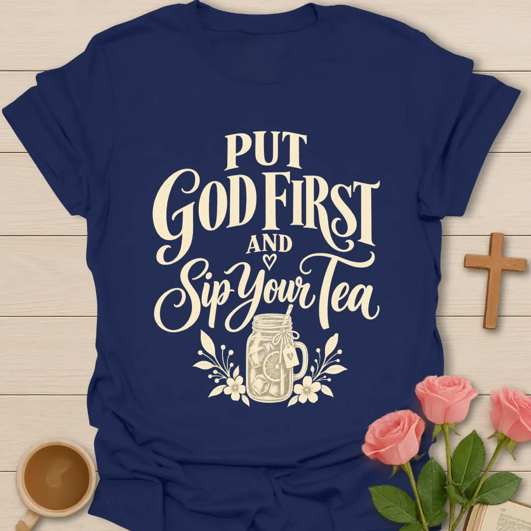 Sip Your Tea T-Shirt with tea cup artwork and faith-inspired lettering. - Navy