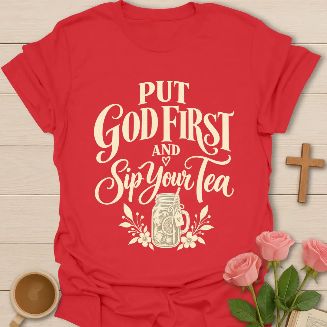 Sip Your Tea T-Shirt with tea cup artwork and faith-inspired lettering. - Red
