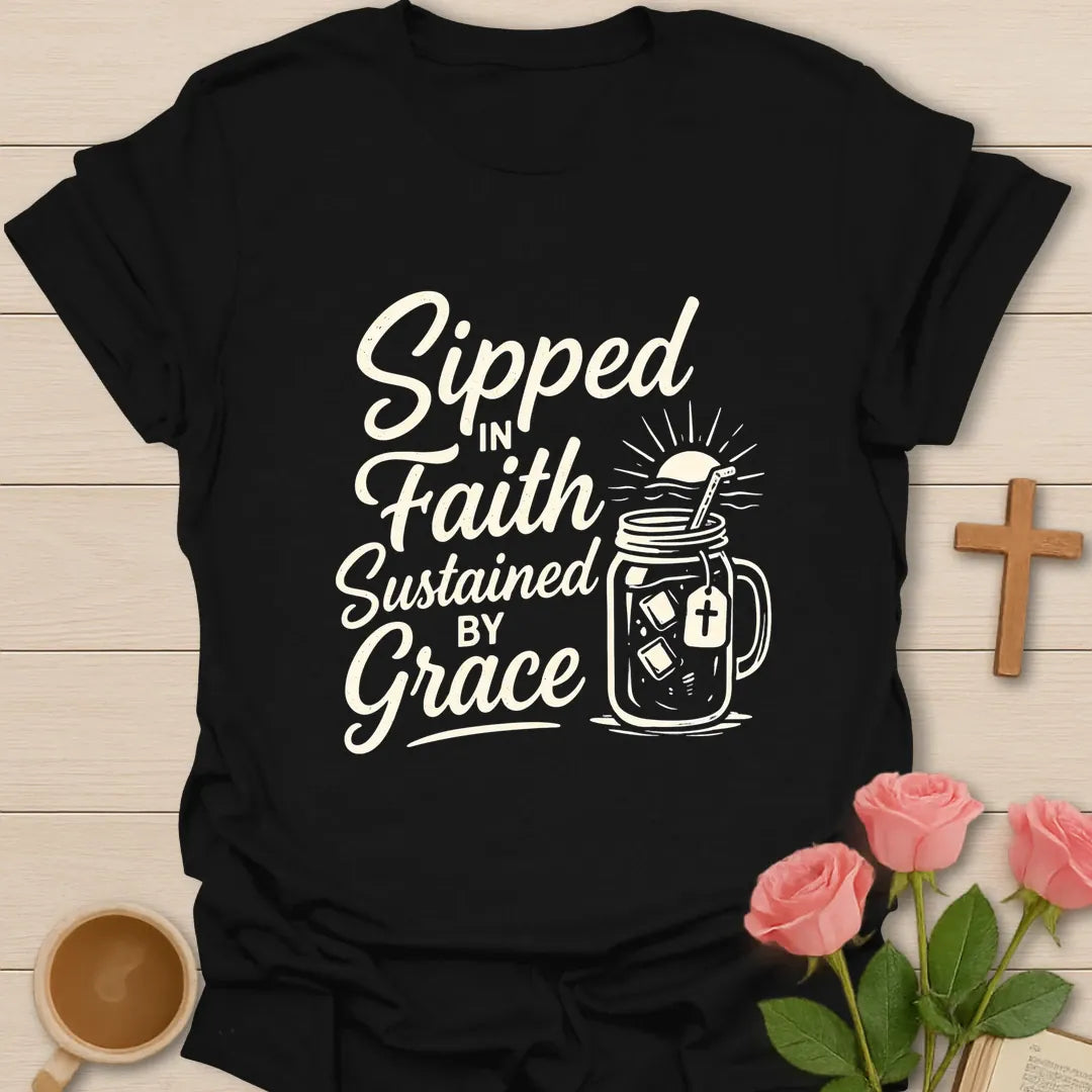 Sipped Faith Grace shirt with teacup, cross, and cream vintage lettering. - Black