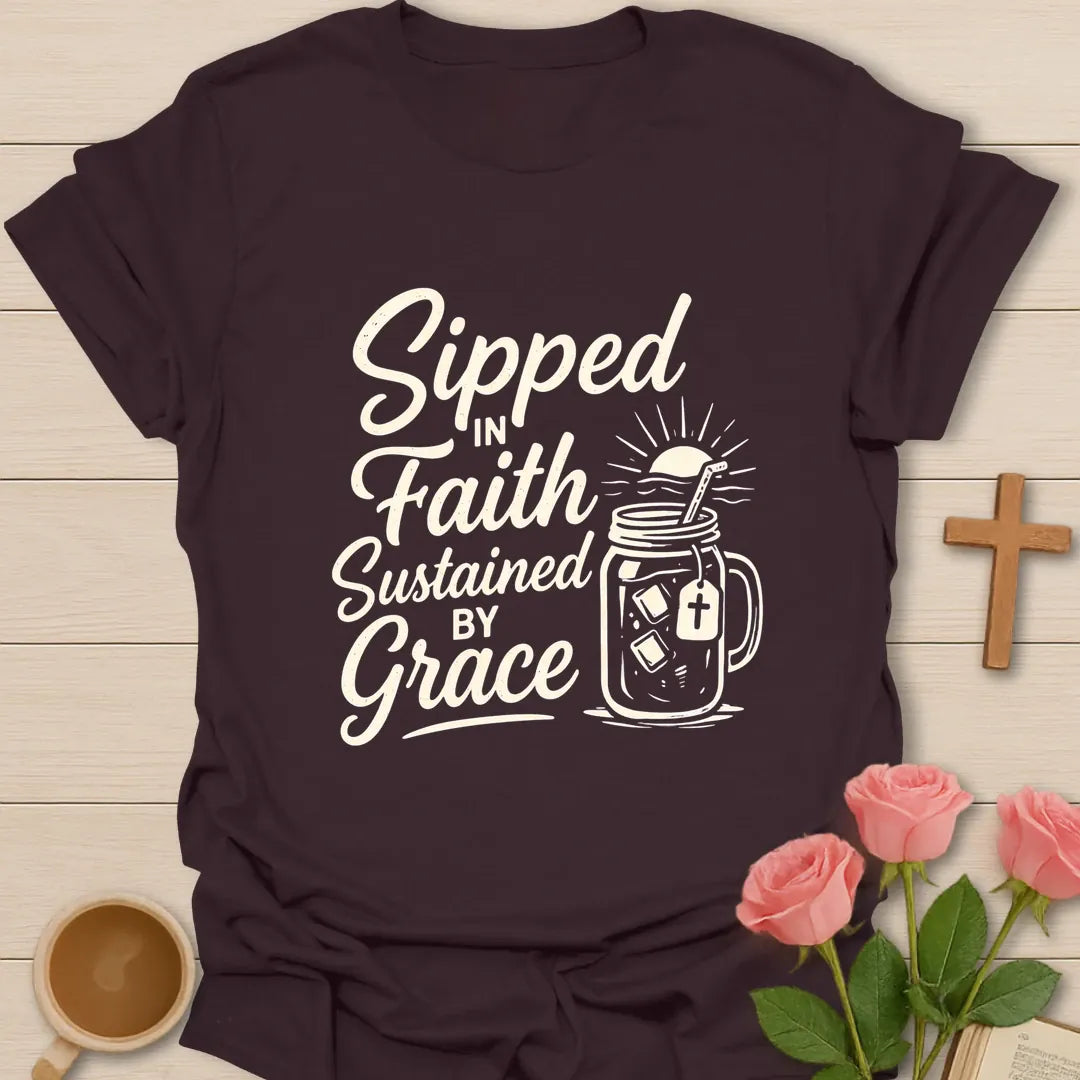 Sipped Faith Grace shirt with teacup, cross, and cream vintage lettering. - Dark Chocolate