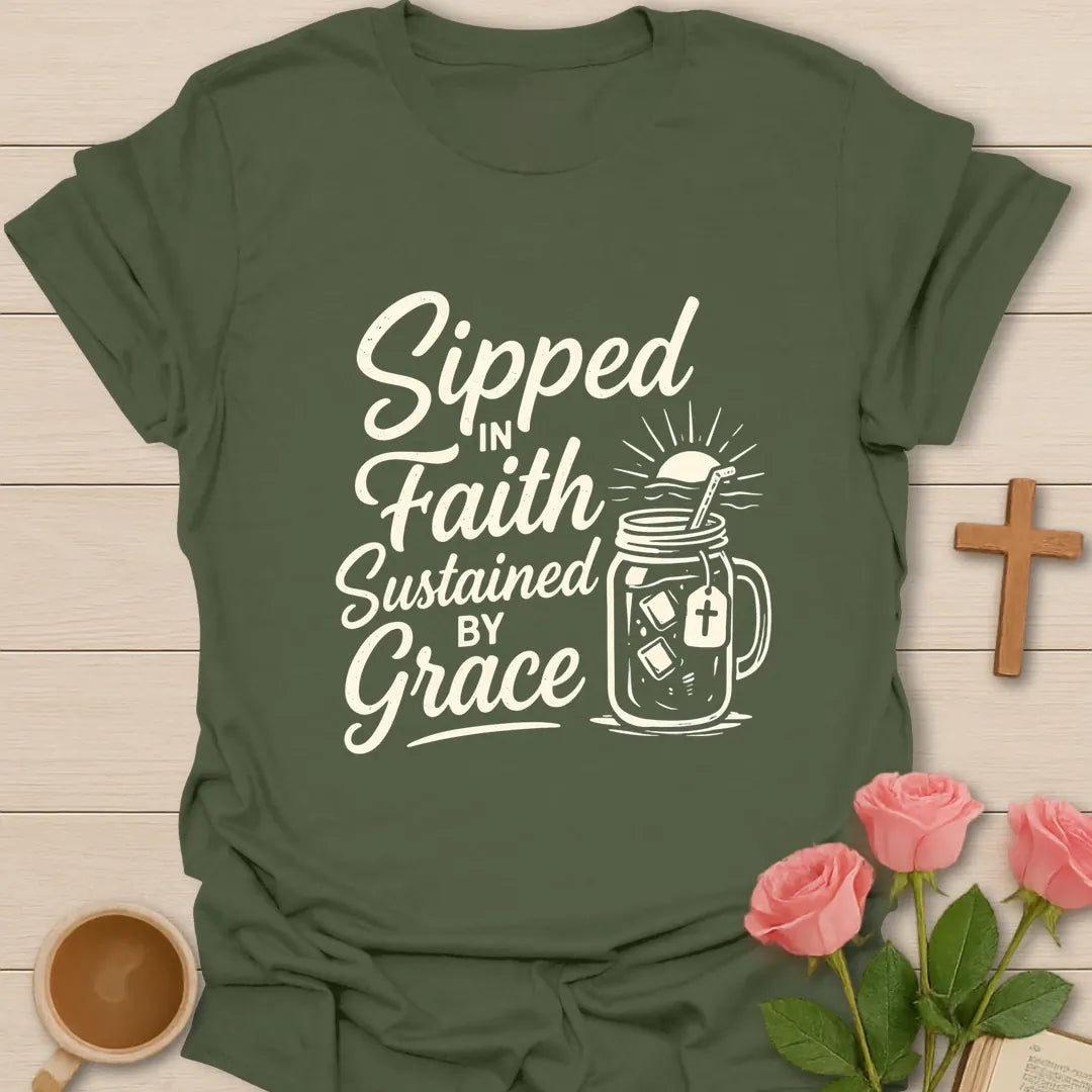 Sipped Faith Grace shirt with teacup, cross, and cream vintage lettering. - Military Green
