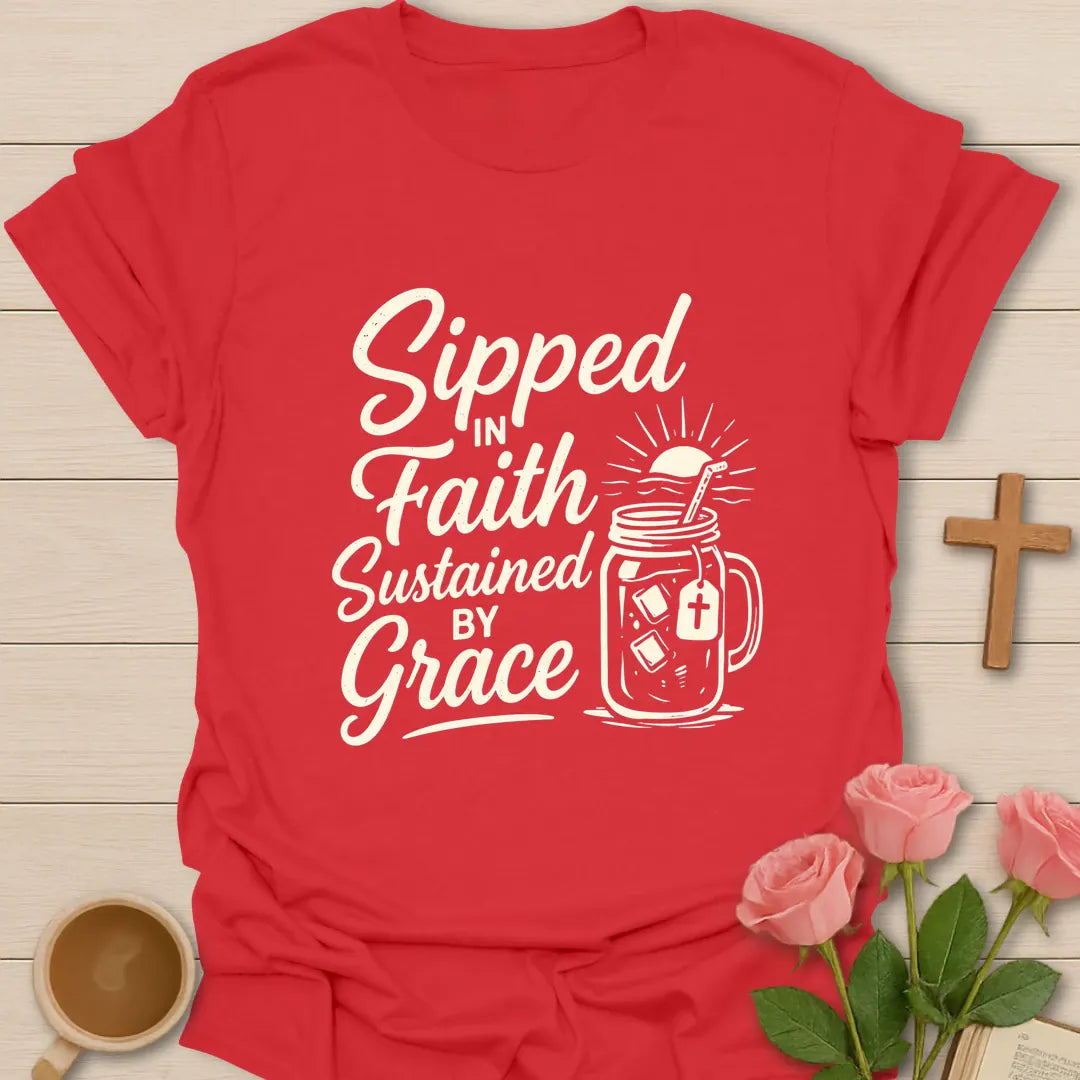 Sipped Faith Grace shirt with teacup, cross, and cream vintage lettering. - Red