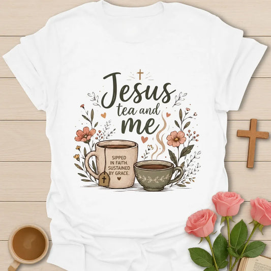 Sipped In Faith shirt with teacup, florals, and cream vintage lettering. - White