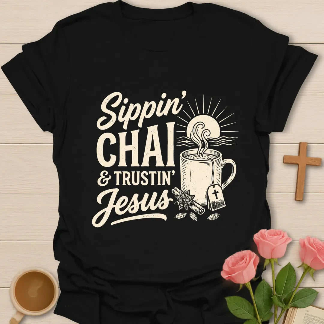 Sippin Chai and Trustin Jesus shirt with mason jar chai, cross, and cream vintage lettering. - Black