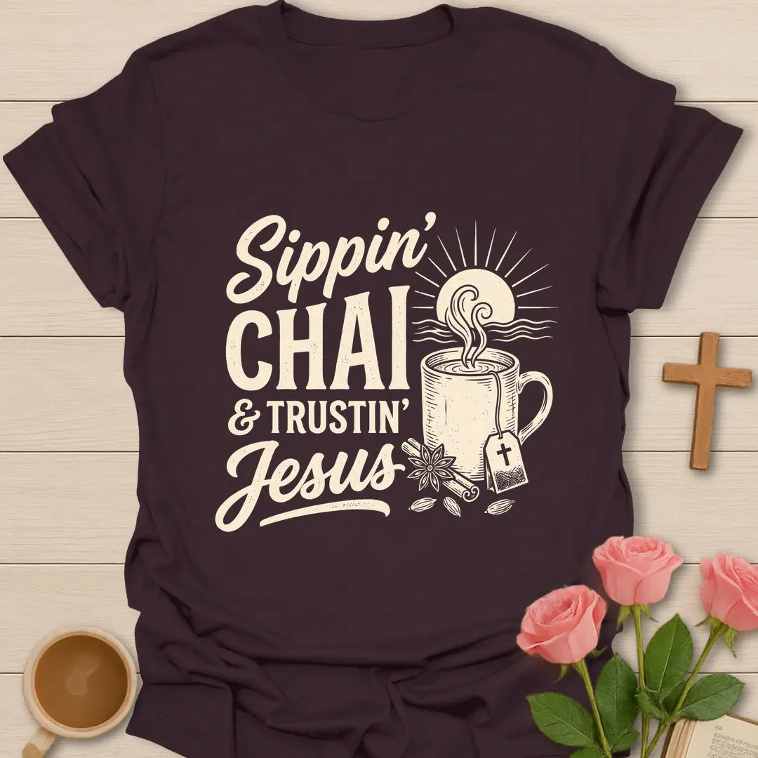 Sippin Chai and Trustin Jesus shirt with mason jar chai, cross, and cream vintage lettering. - Dark Chocolate