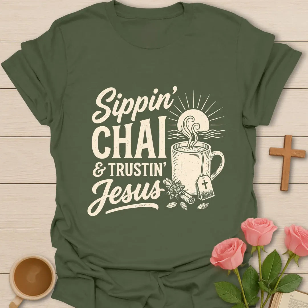 Sippin Chai and Trustin Jesus shirt with mason jar chai, cross, and cream vintage lettering. - Military Green