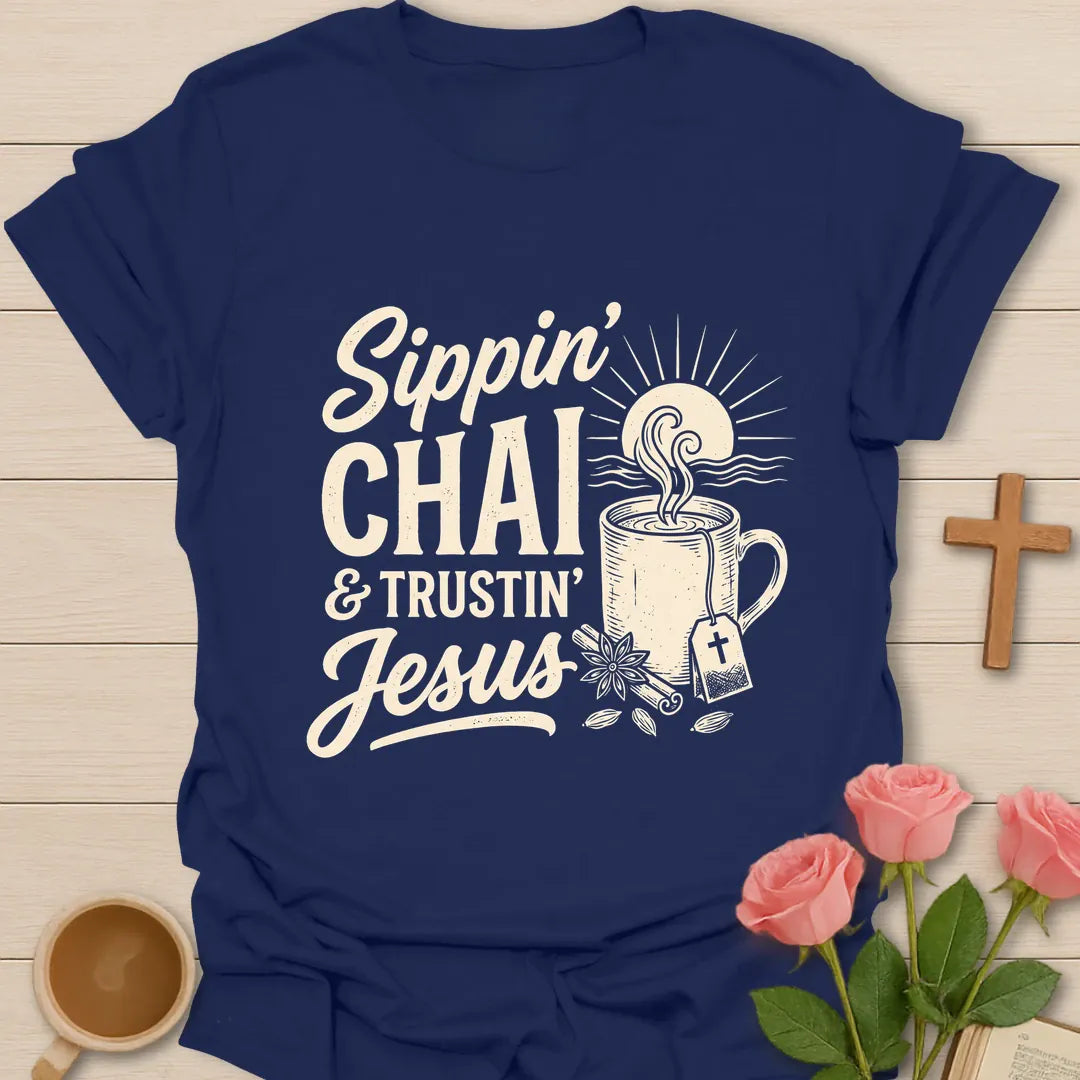 Sippin Chai and Trustin Jesus shirt with mason jar chai, cross, and cream vintage lettering. - Navy