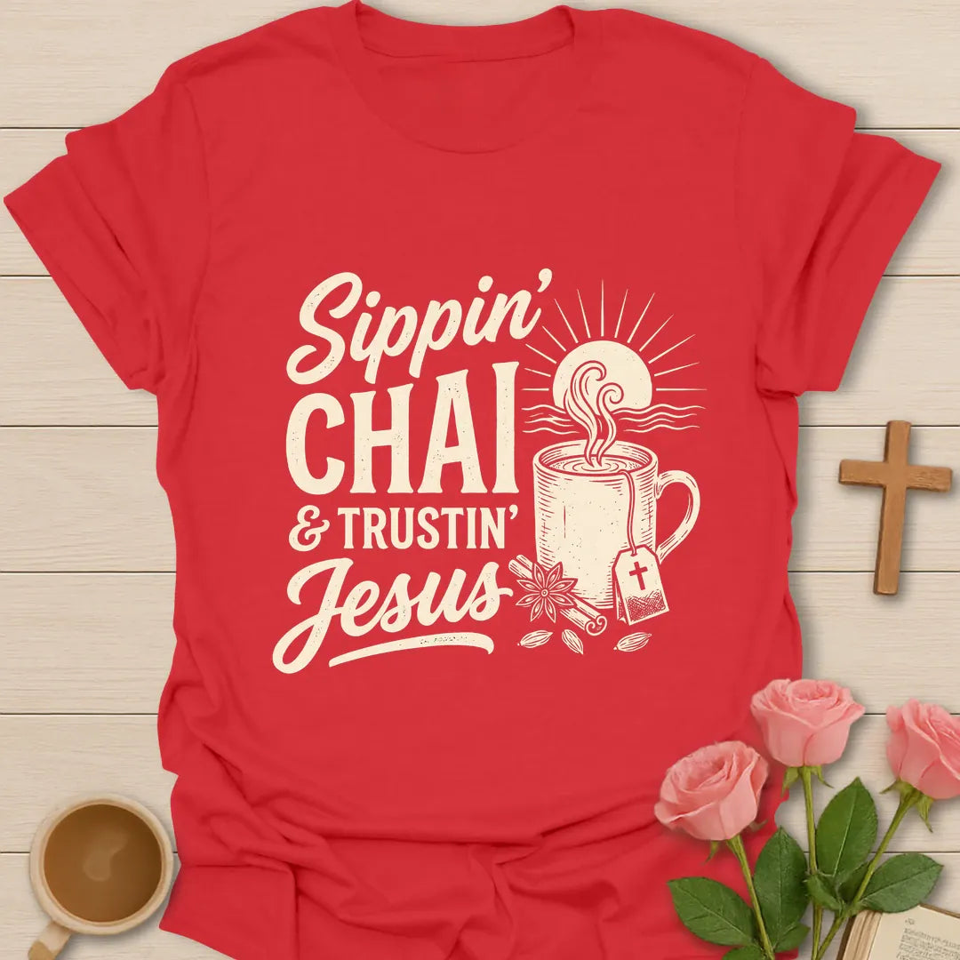 Sippin Chai and Trustin Jesus shirt with mason jar chai, cross, and cream vintage lettering. - Red