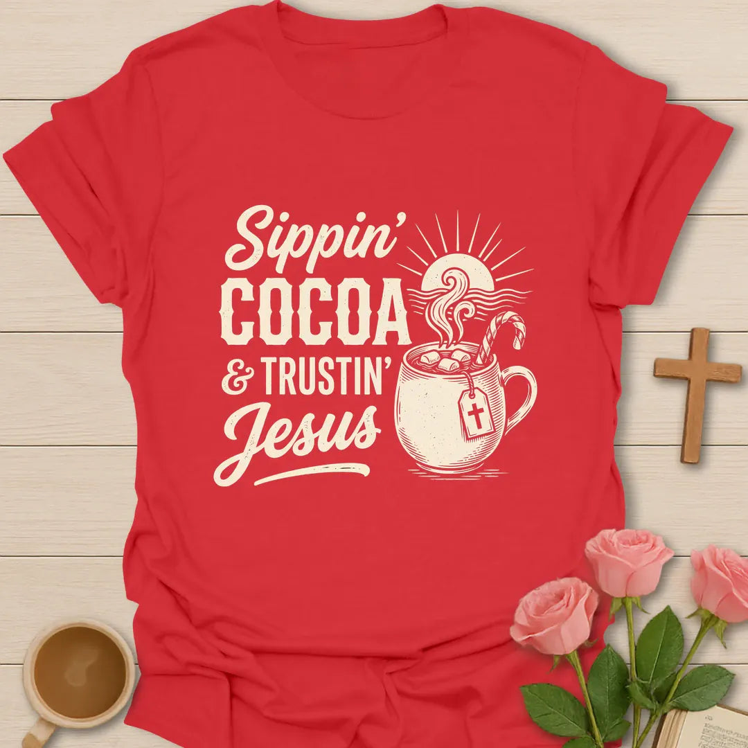 Sippin Cocoa and Trustin Jesus shirt with cocoa mug, cross, and cream vintage lettering. - Red