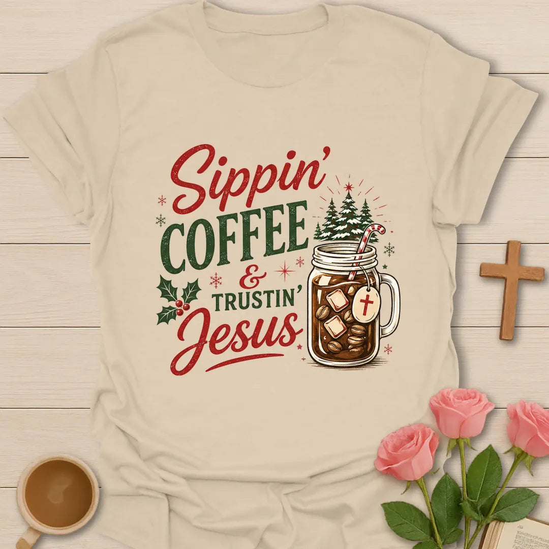 Sippin Coffee and Trustin Jesus Christmas Christian T-shirt with iced coffee mason jar and cross - Sand