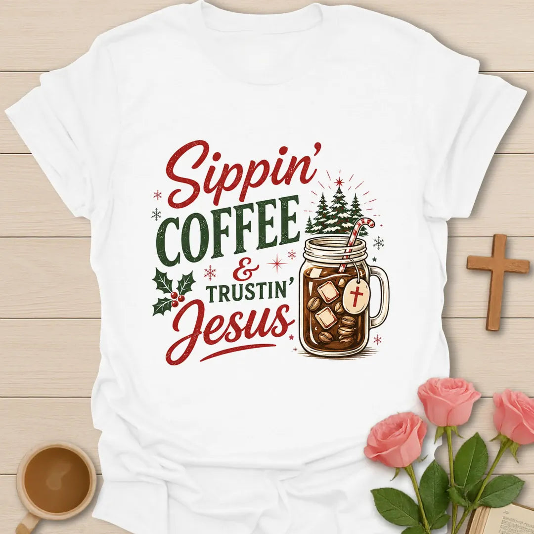 Sippin Coffee and Trustin Jesus Christmas Christian T-shirt with iced coffee mason jar and cross - White