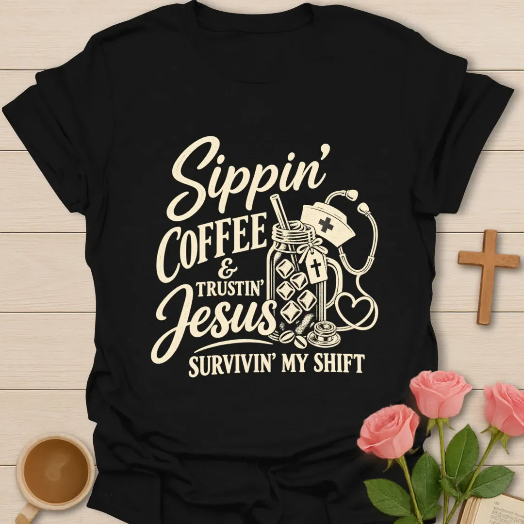 Sippin' Coffee Nurse t-shirt with coffee-themed lettering - Black