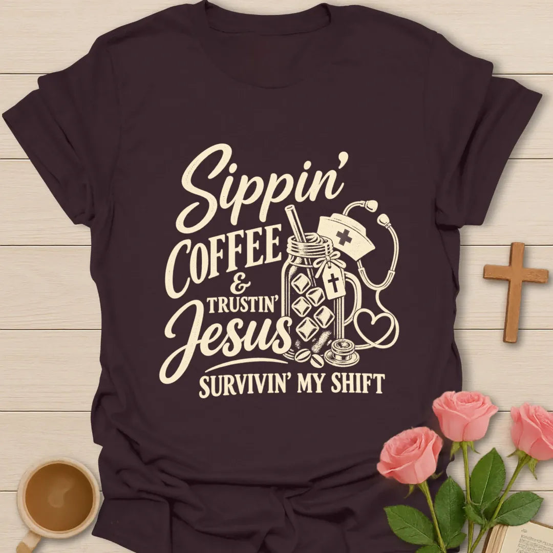 Sippin' Coffee Nurse t-shirt with coffee-themed lettering - Dark Chocolate