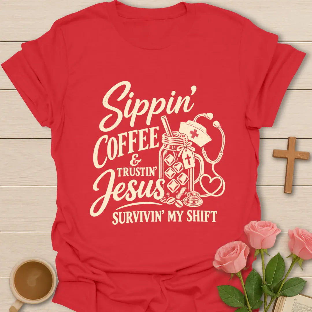 Sippin' Coffee Nurse t-shirt with coffee-themed lettering - Red