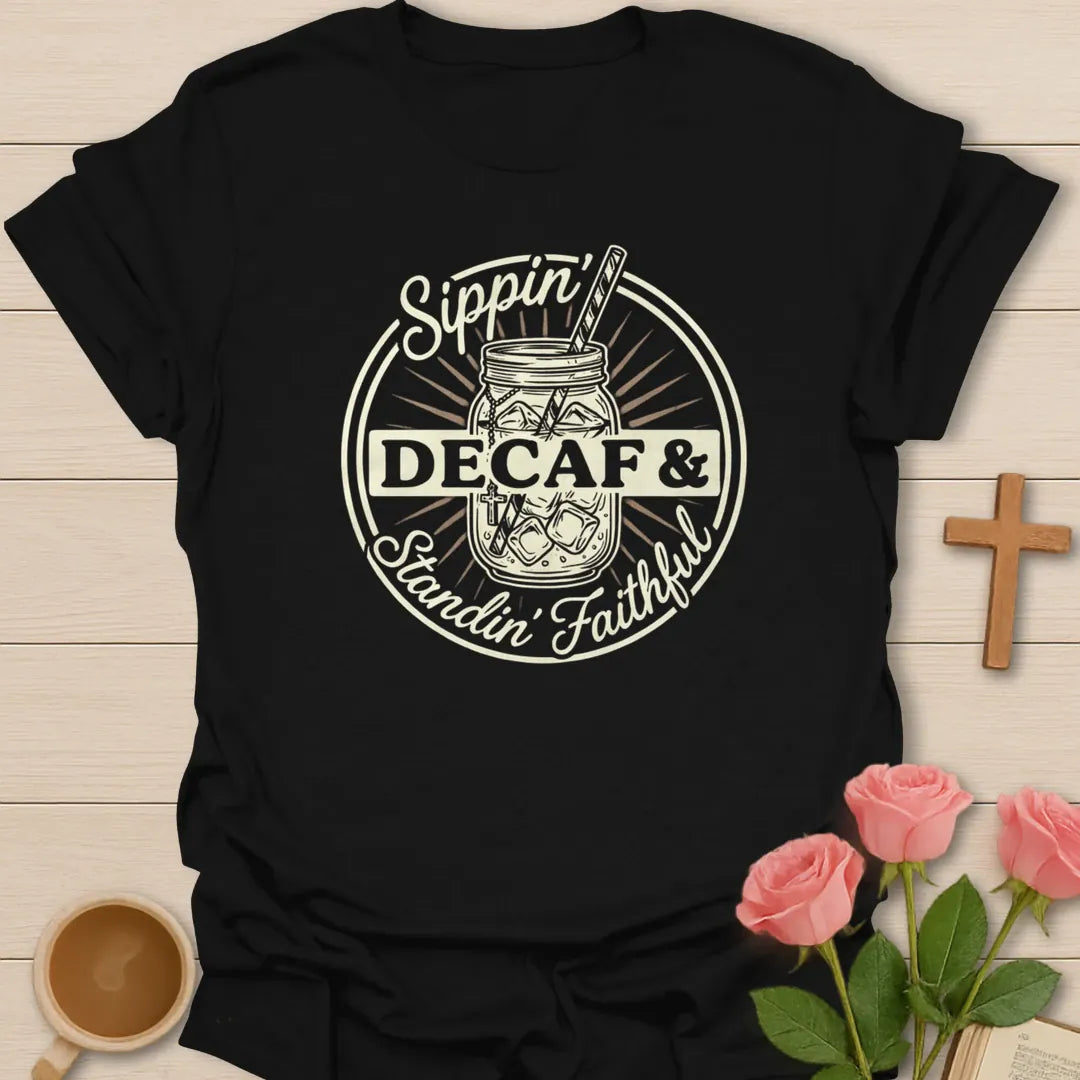 Sippin Decaf and Standin Faithful shirt with mason jar iced tea, cross charm, circular badge, and cream lettering. - Black