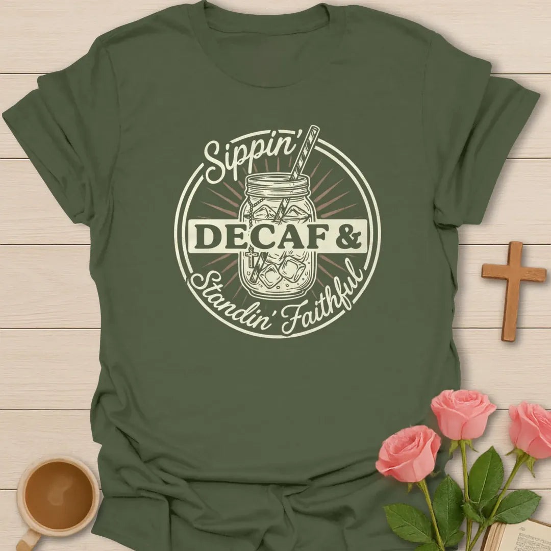 Sippin Decaf and Standin Faithful shirt with mason jar iced tea, cross charm, circular badge, and cream lettering. - Military Green
