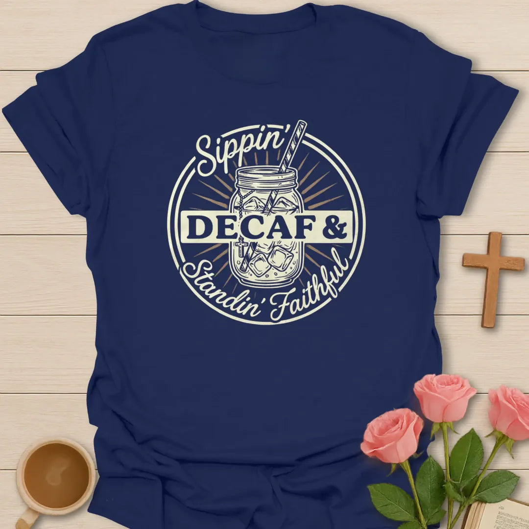 Sippin Decaf and Standin Faithful shirt with mason jar iced tea, cross charm, circular badge, and cream lettering. - Navy