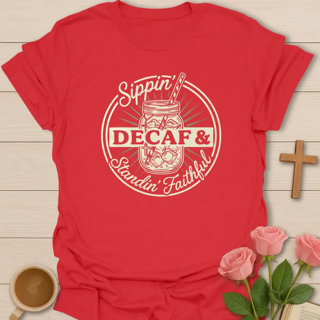 Sippin Decaf and Standin Faithful shirt with mason jar iced tea, cross charm, circular badge, and cream lettering. - Red