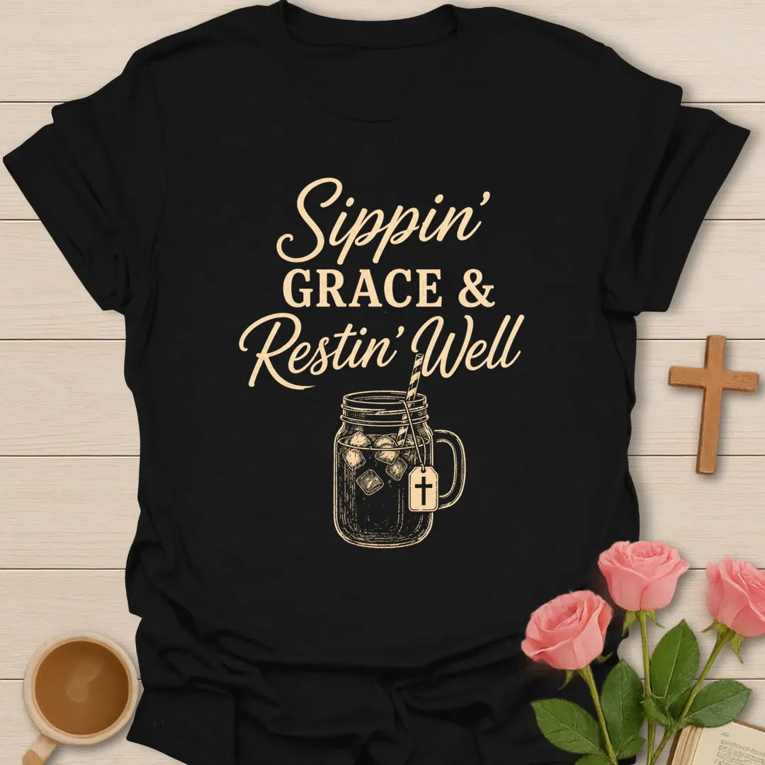 Sippin Grace and Restin Well shirt with mason jar iced tea, cross tea tag, and cream vintage typography. - Black