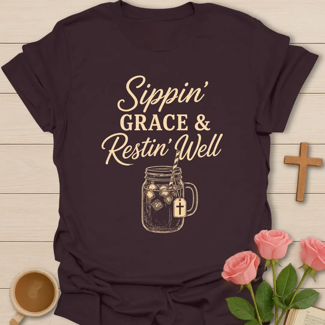 Sippin Grace and Restin Well shirt with mason jar iced tea, cross tea tag, and cream vintage typography. - Dark Chocolate
