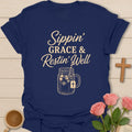Sippin Grace and Restin Well shirt with mason jar iced tea, cross tea tag, and cream vintage typography. - Navy