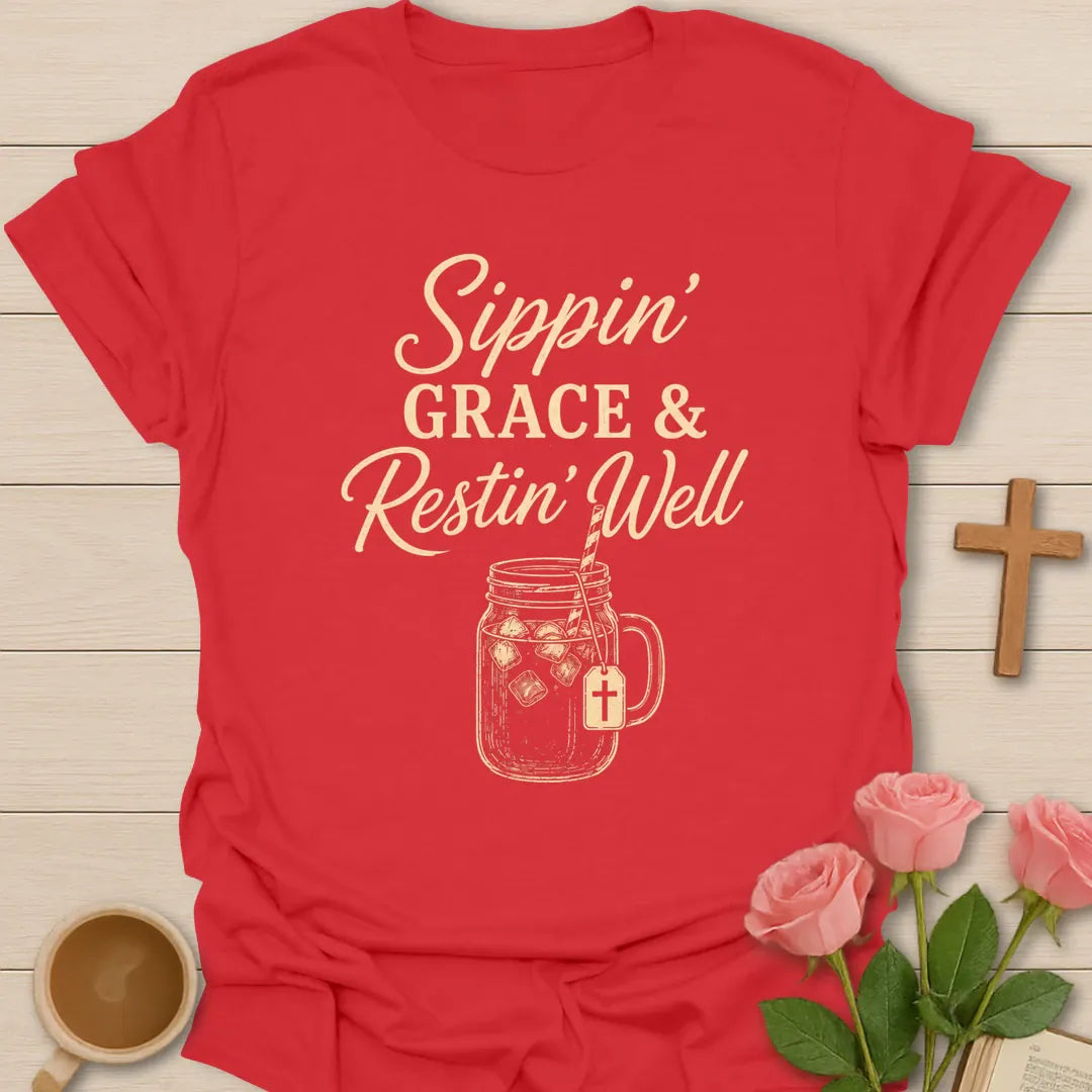 Sippin Grace and Restin Well shirt with mason jar iced tea, cross tea tag, and cream vintage typography. - Red