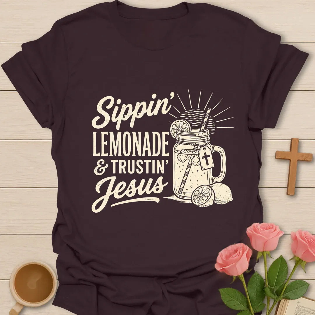 Sippin Lemonade and Trustin Jesus shirt with lemonade glass, cross, and cream vintage lettering. - Dark Chocolate