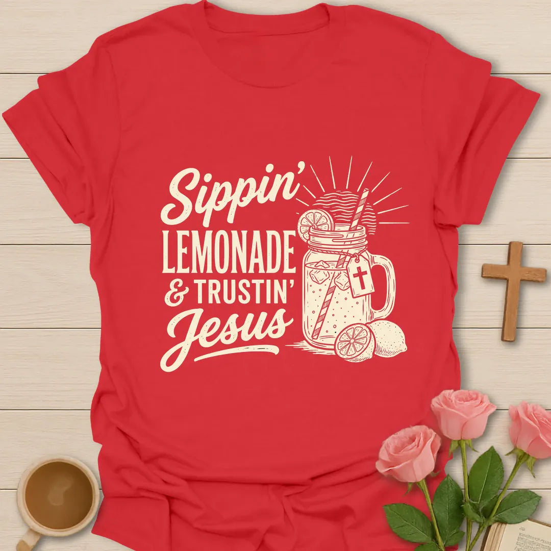 Sippin Lemonade and Trustin Jesus shirt with lemonade glass, cross, and cream vintage lettering. - Red