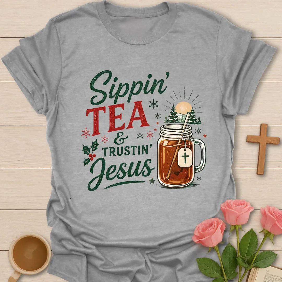Sippin Tea and Trustin Jesus Christmas Christian T-shirt with tea mason jar cross and snowy trees - Sport Grey