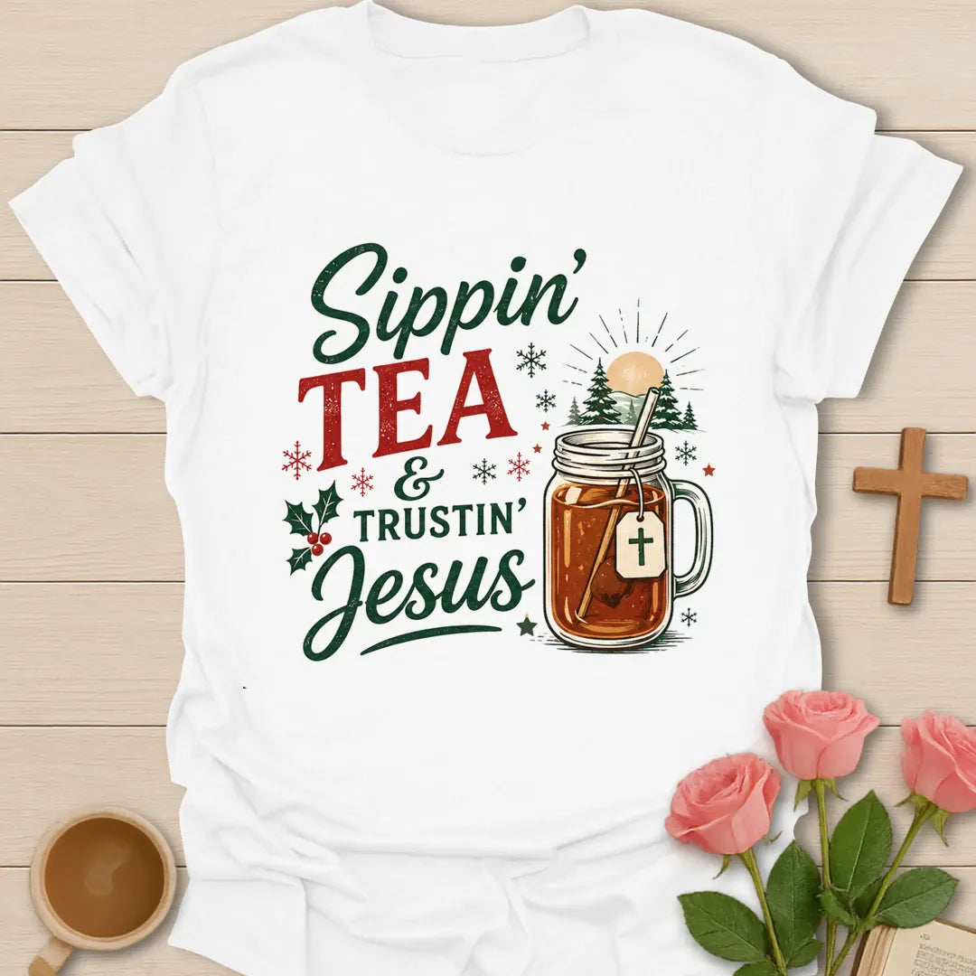 Sippin Tea and Trustin Jesus Christmas Christian T-shirt with tea mason jar cross and snowy trees - White