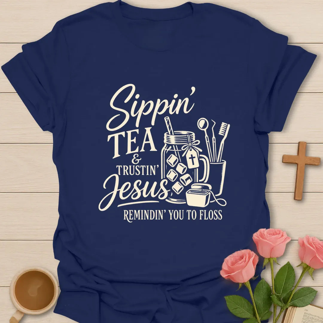 Sippin' Tea Dentist t-shirt with playful tea-themed lettering - Navy