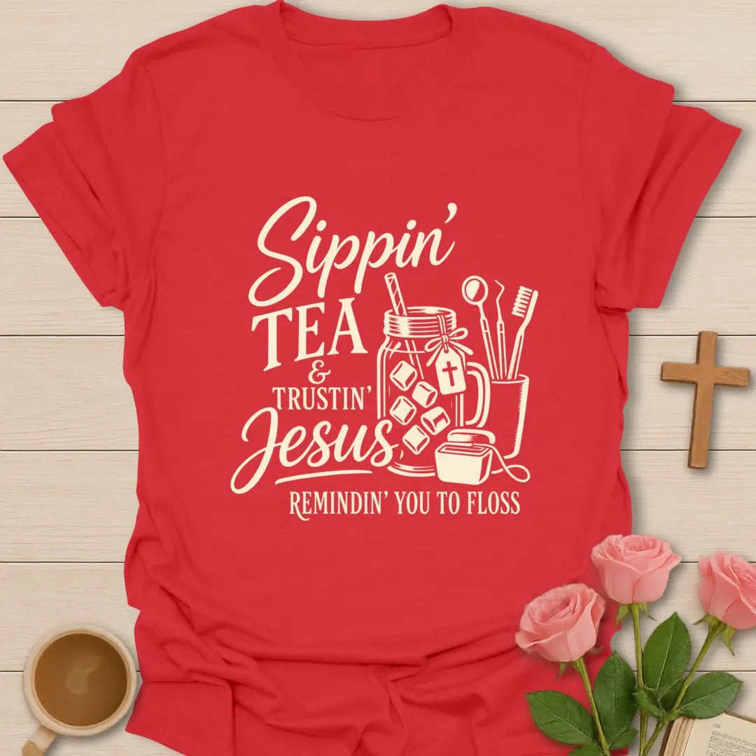 Sippin' Tea Dentist t-shirt with playful tea-themed lettering - Red