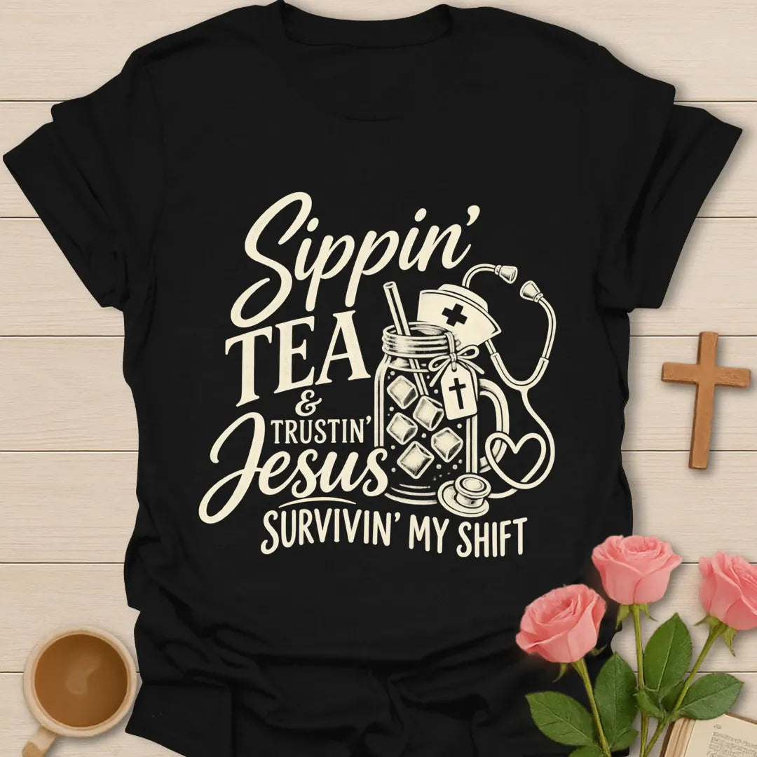 Sippin' Tea Nurse t-shirt with tea-themed lettering - Black