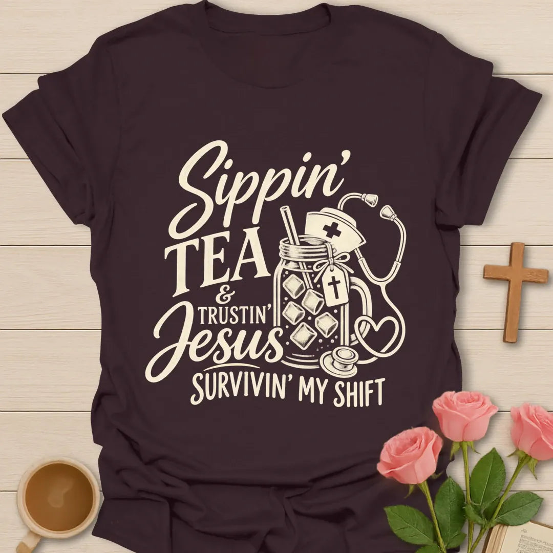 Sippin' Tea Nurse t-shirt with tea-themed lettering - Dark Chocolate