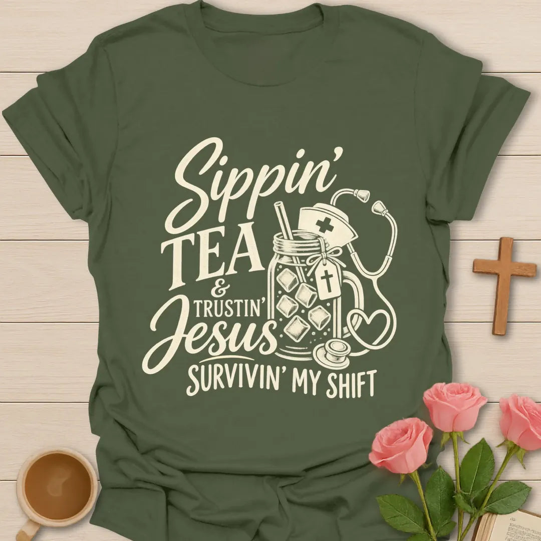 Sippin' Tea Nurse t-shirt with tea-themed lettering - Military Green