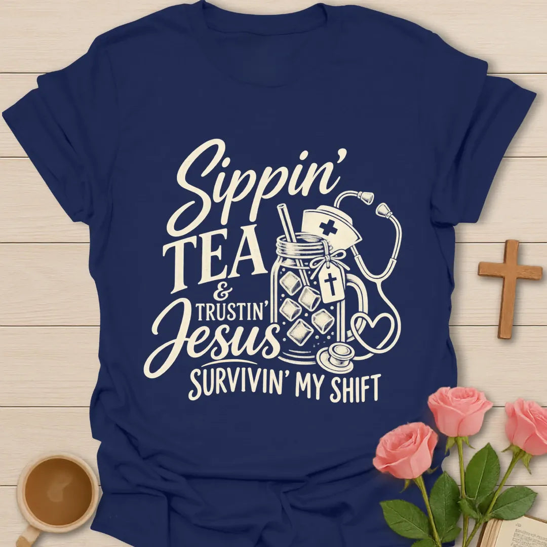 Sippin' Tea Nurse t-shirt with tea-themed lettering - Navy