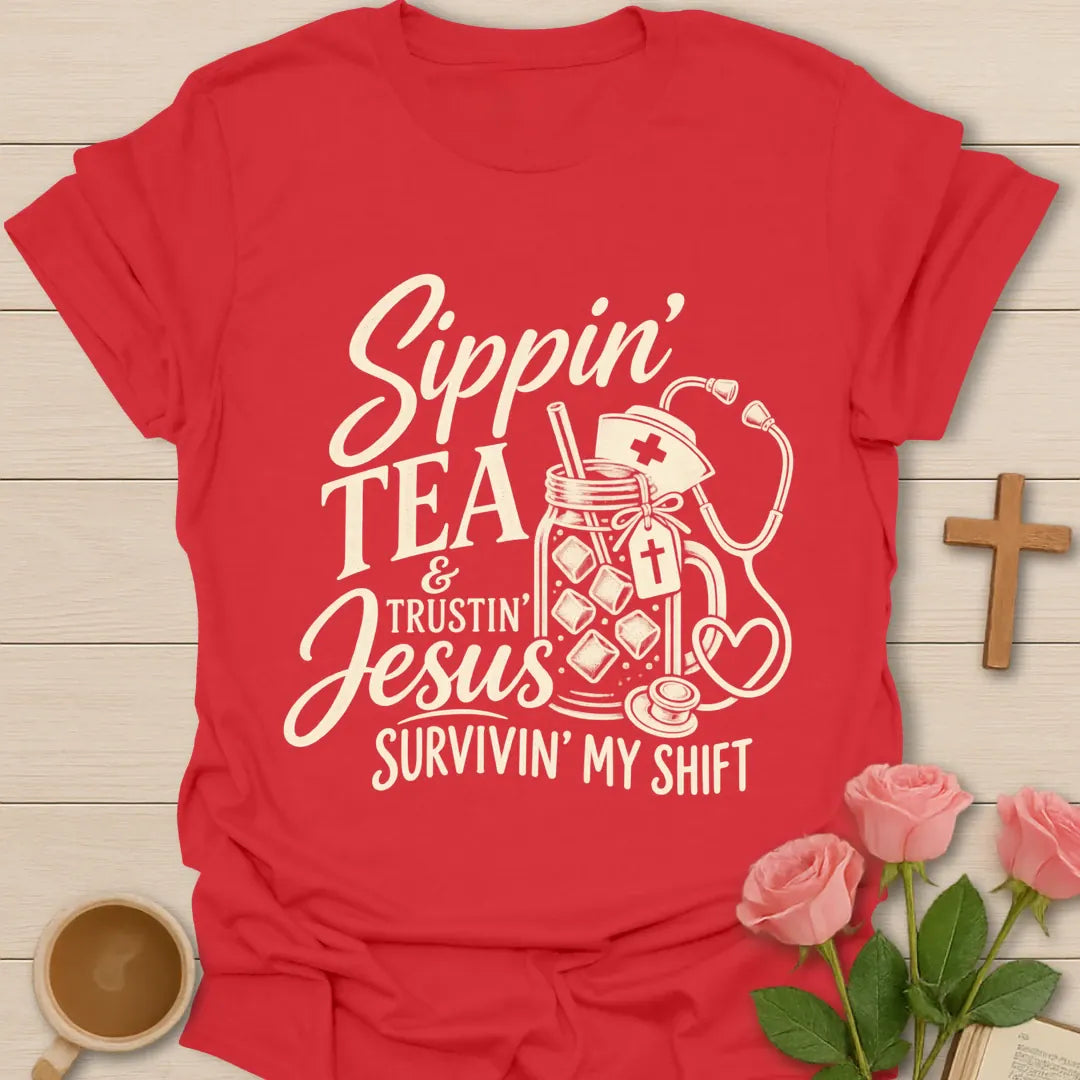 Sippin' Tea Nurse t-shirt with tea-themed lettering - Red