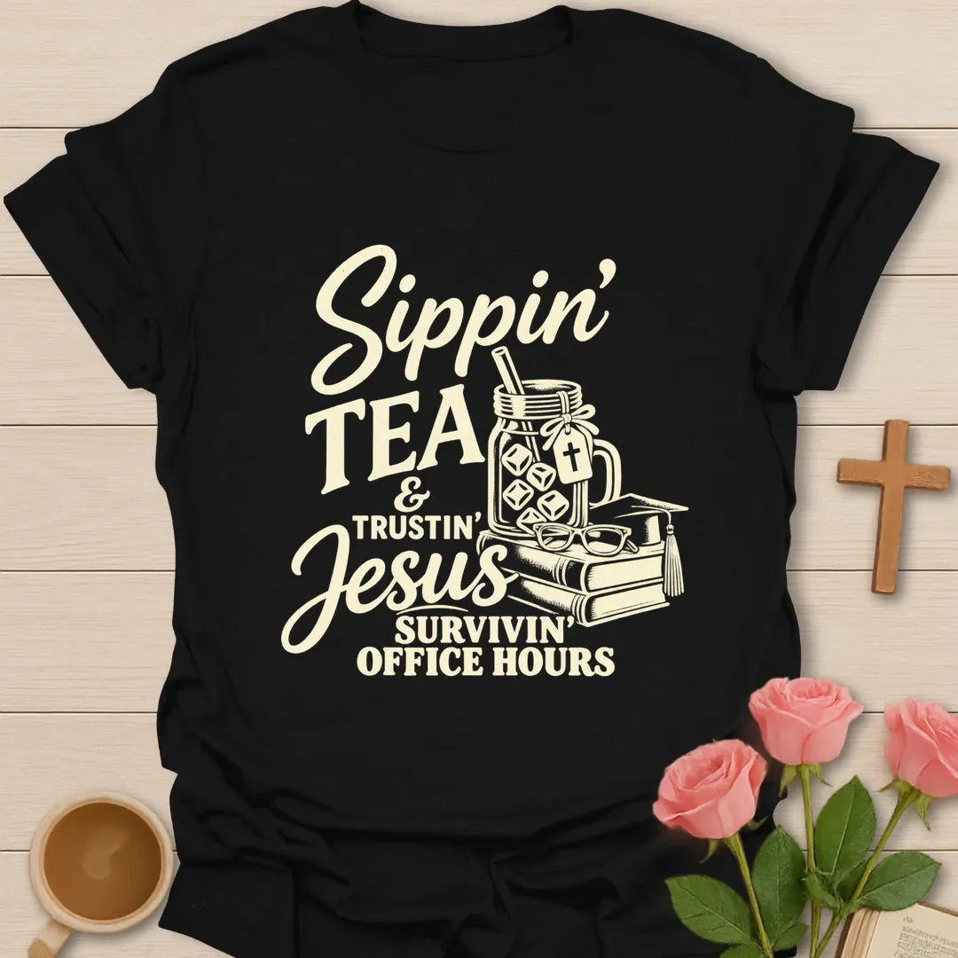 Sippin' Tea Office Hours t-shirt with tea-themed lettering - Black